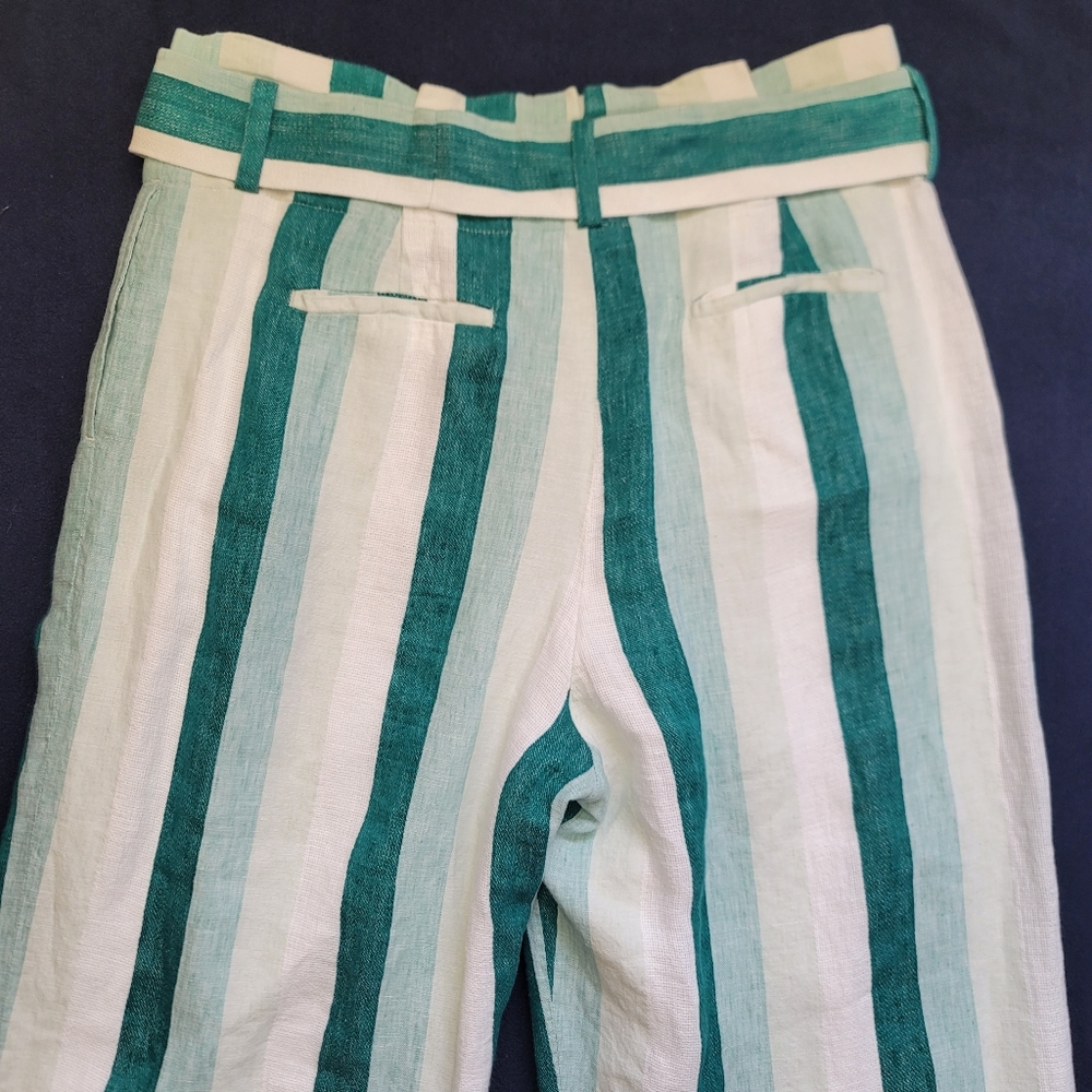 J.CREW Paper Bag Linen Pant In Cabana Stripe Women's Size10 Turquoise Jade White - Picture 6 of 16